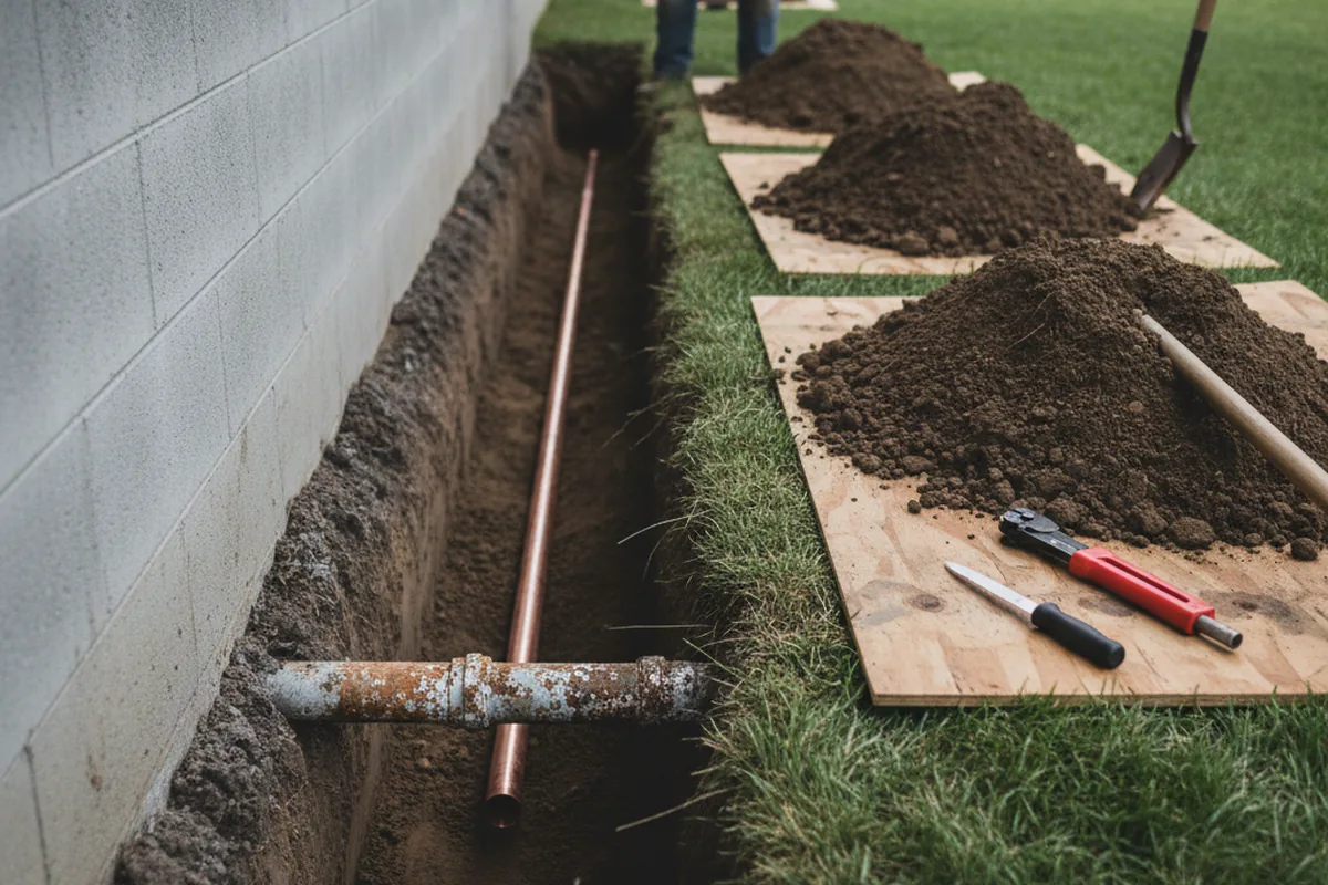 Excavated water line trench during Water Heater Repair in Norwood